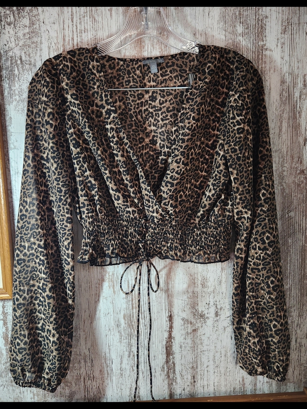 Charlotte Russe Leopard Print Sheer Smocked V-Neck Crop Top - Brown & Black